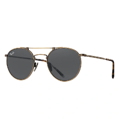 Shop Ray Ban Round Double Bridge Titanium Sunglasses Antique Gold Frame Grey Lenses 50-21