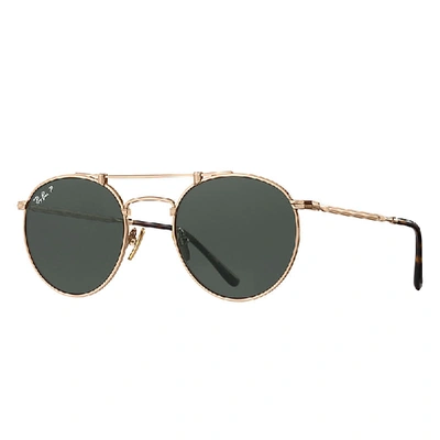 Shop Ray Ban Round Double Bridge Titanium Sunglasses Gold Frame Green Lenses Polarized 50-21