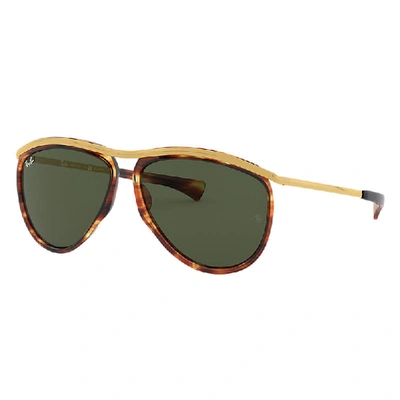 Shop Ray Ban Sunglasses Unisex Aviator Olympian - Striped Havana Frame Green Lenses 59-13