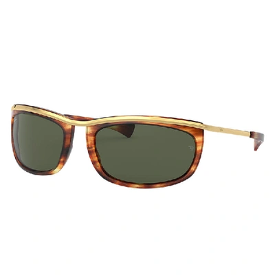 Shop Ray Ban Olympian I Sunglasses Striped Havana Frame Green Lenses 62-19 In Gold