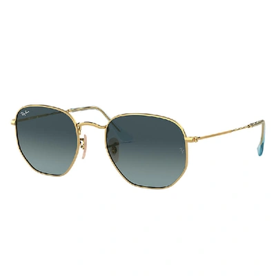 Shop Ray Ban Hexagonal Flat Lenses Sunglasses Gold Frame Blue Lenses 48-21