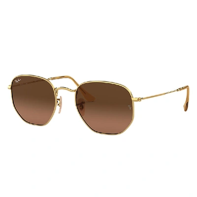 Shop Ray Ban Sunglasses Unisex Hexagonal Flat Lenses - Gold Frame Brown Lenses 48-21