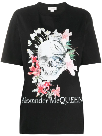 Shop Alexander Mcqueen Floral Skull Print T-shirt In Black