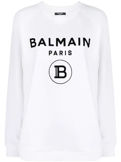 Shop Balmain Flocked-logo Relaxed-fit Sweatshirt In White
