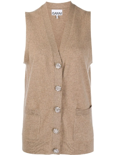 Shop Ganni Knitted Sleeveless Cardigan In Brown