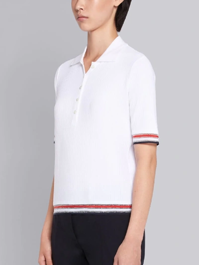 Shop Thom Browne Stripe Detail Ribbed Polo Top In White