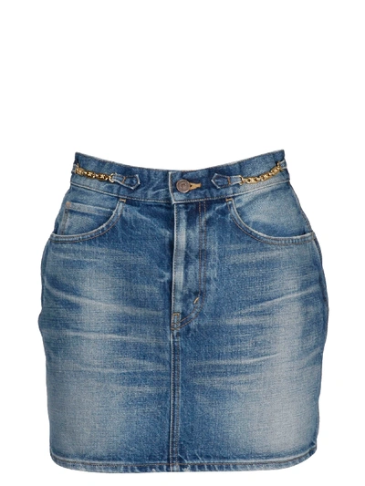 Shop Celine Denim Skirt With Trimphe Clamps In Blue
