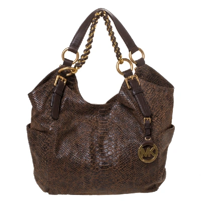 Pre-owned Michael Kors Brown Python Embossed Nubuck Leather Chain Shoulder Bag