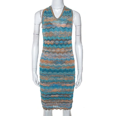 Pre-owned Missoni Teal & Sandy Beige Knit Twisted Back Detail Mini Dress S In Blue