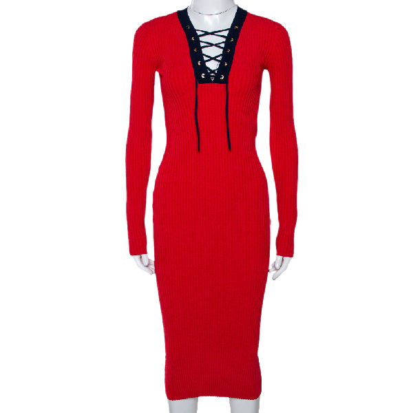 red ribbed midi dress