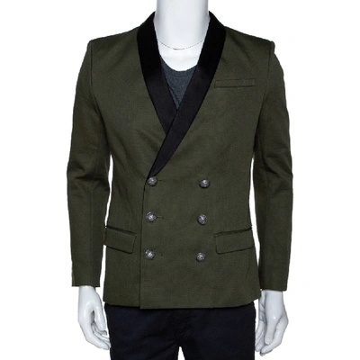 Pre-owned Balmain Military Green Gabardine Contrast Lapel Blazer Xxxs