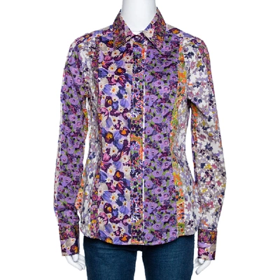 Pre-owned Etro Purple Floral Printed Stretch Cotton Button Front Shirt L