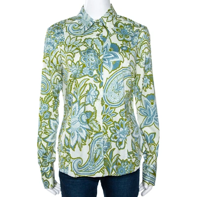 Pre-owned Etro Blue & Green Paisley Printed Stretch Cotton Button Front Shirt L