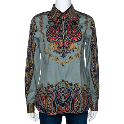 Pre-owned Etro Sage Green Paisley Print Stretch Cotton Long Sleeve Shirt L