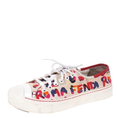 Pre-owned Fendi Multicolor Logo Printed Canvas Lace Low Top Trainers Size 37
