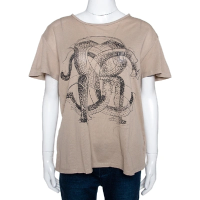 Pre-owned Roberto Cavalli Brown Logo Print Cotton Pique T-shirt M