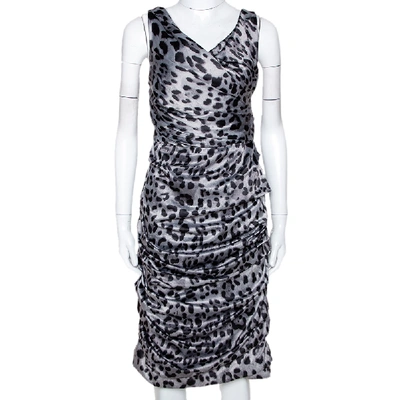 Pre-owned Dolce & Gabbana Grey Animal Print Silk Ruched Sleeveless Dress M