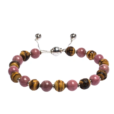 Pre-owned Gucci Bi-color Stone & Wood Beaded Silver Adjustable Bracelet In Multicolor