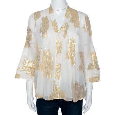 Pre-owned Diane Von Furstenberg Cream Brocade Silk Pleated Layla Top M