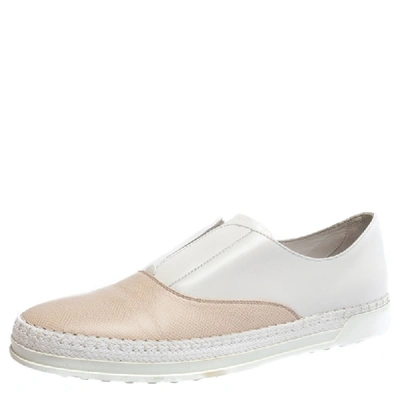 Pre-owned Tod's White/peach Leather Francesina Espadrille Slip On Sneakers Size 39.5