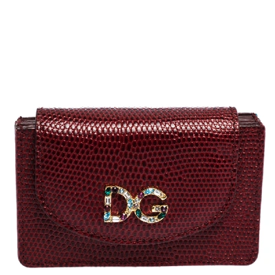 Pre-owned Dolce & Gabbana Red Lizard Dg Millennial Flap Card Holder