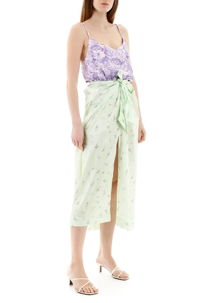 Shop Ganni Floral Print Midi Skirt In Green