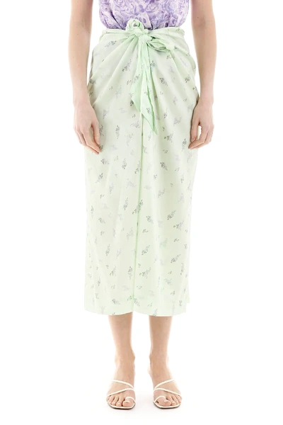 Shop Ganni Floral Print Midi Skirt In Green