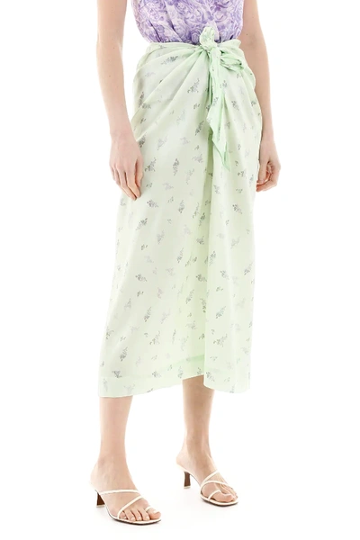 Shop Ganni Floral Print Midi Skirt In Green