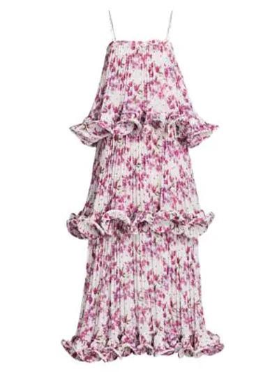 Shop Amur Dewy Floral Tiered Ruffle Gown In White Multi