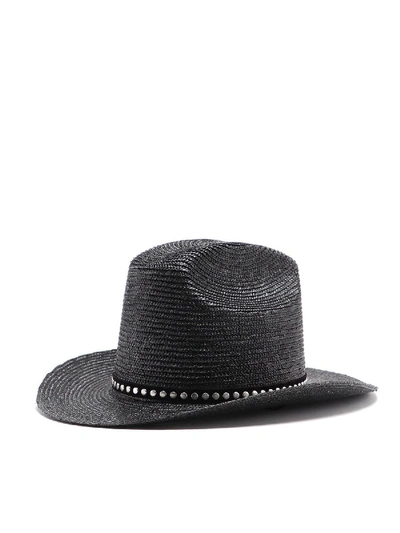 Shop Saint Laurent Studded Straw Hat In Black