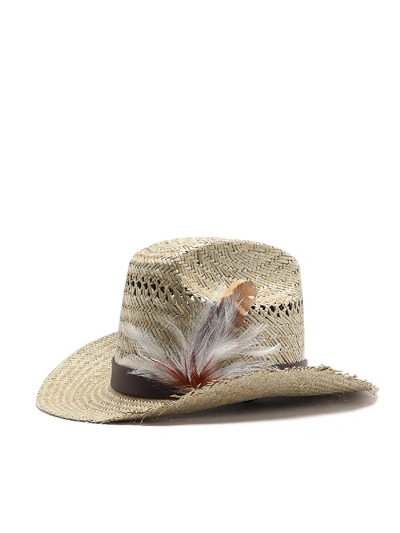 Shop Saint Laurent Straw Cowboy Hat With Feathers In Beige