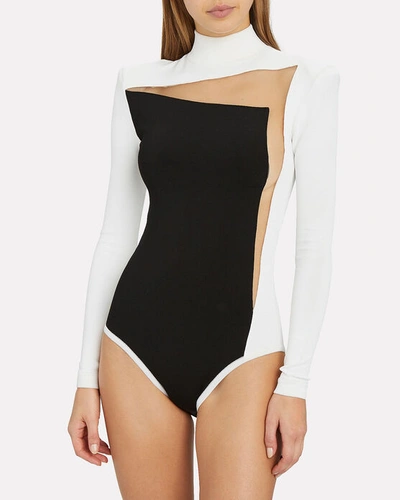 Shop Balmain Turtleneck Cut-out Tulle Bodysuit In Black/white