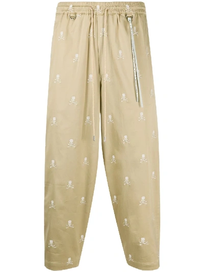 Shop Mastermind Japan Skull-embroidered Tapered Trousers In Neutrals