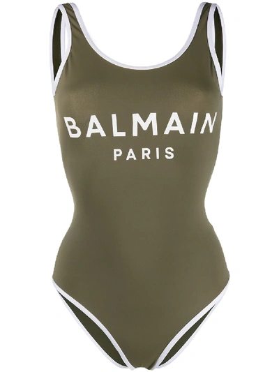 Shop Balmain Logo One-piece Swimsuit In Green
