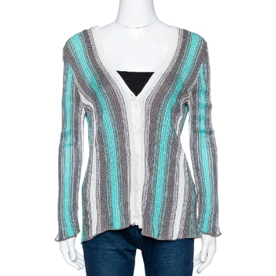 Pre-owned M Missoni Teal & Grey Striped Lurex Knit Button Front Cardigan L In Blue
