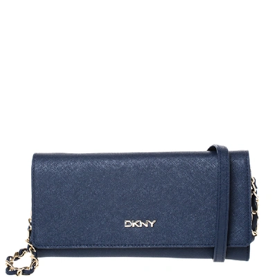 Pre-owned Dkny Navy Blue Leather Flap Wallet On Chain