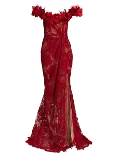 Shop Marchesa Floral Lace Off-the-shoulder Gown In Scarlet