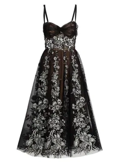 Shop Marchesa Floral-embroidered Corset Cocktail Dress In Black