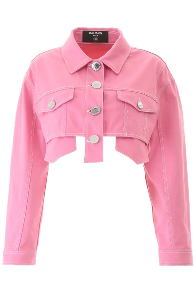 Shop Balmain Cropped Denim Jacket In Pink