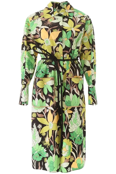 Shop Fendi Floral Shirt Dress In Green,black,yellow