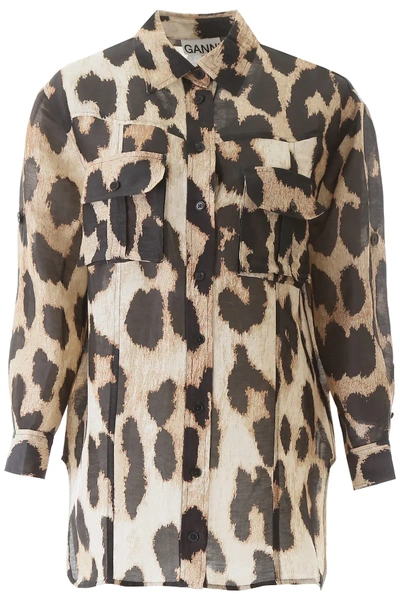 Shop Ganni Maxi Leopard Print Shirt In Brown,black