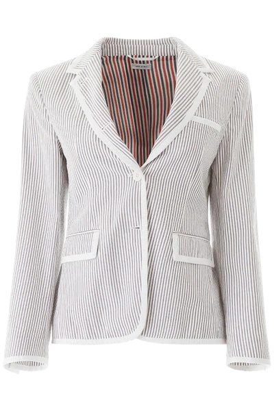 Shop Thom Browne Striped Seersucker Blazer In White,grey