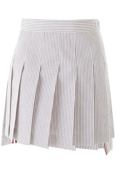 Shop Thom Browne Pleated Seersucker Mini Skirt In White,grey