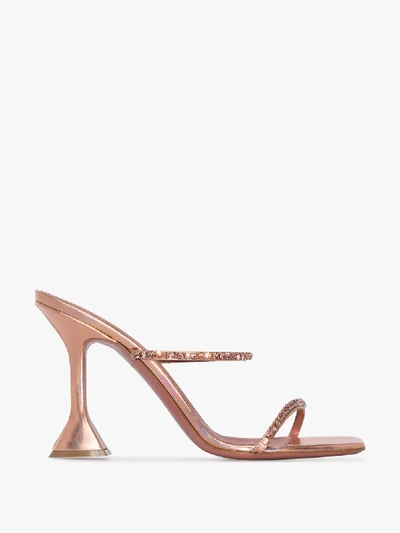 Shop Amina Muaddi Peach Gilda 95 Metallic Crystal Sandals In Pink