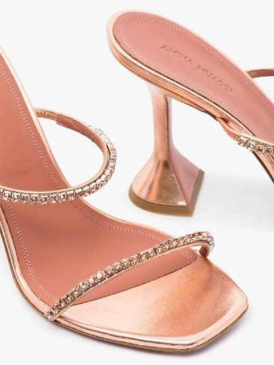 Shop Amina Muaddi Peach Gilda 95 Metallic Crystal Sandals In Pink