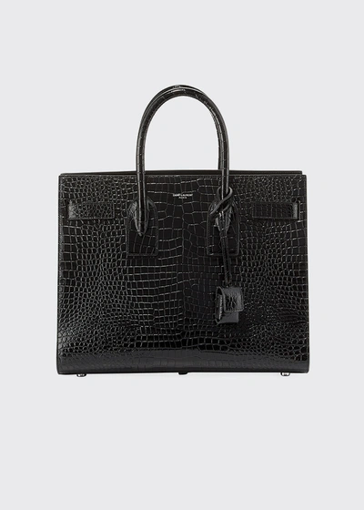 Shop Saint Laurent Sac De Jour Small Crocodile-embossed Satchel Bag - Silver Hardware In Black