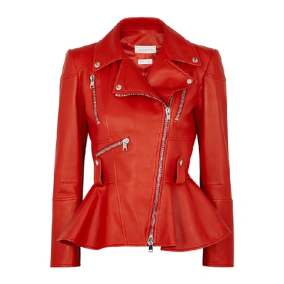 Shop Alexander Mcqueen Red Peplum Leather Biker Jacket