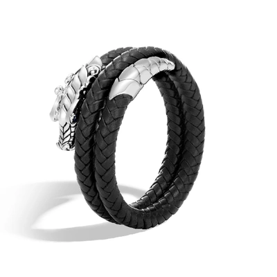 John Hardy Sterling Silver Legends Naga Double Coil Bracelet With Braided Black Leather & Sapphire Eyes In Blue Sapphire
