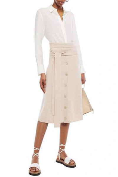 Shop Joseph Belted Button-detailed Merino Wool-blend Skirt In Cream