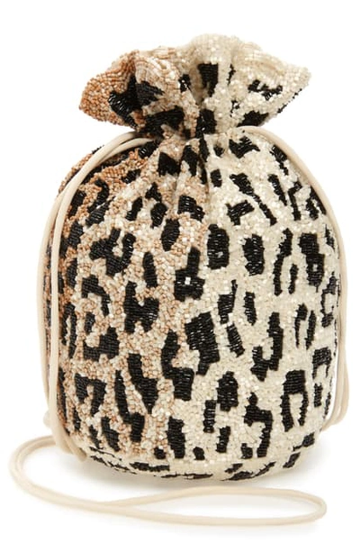 Shop Ganni Beaded Drawstring Bag In Leopard